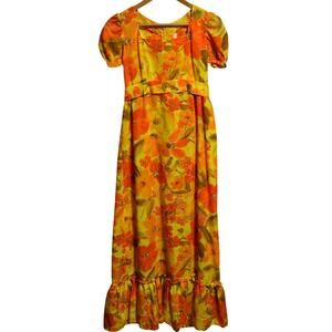 Vintage 1970's Orange & Yellow Floral Ruffle Maxi Dress Size Small